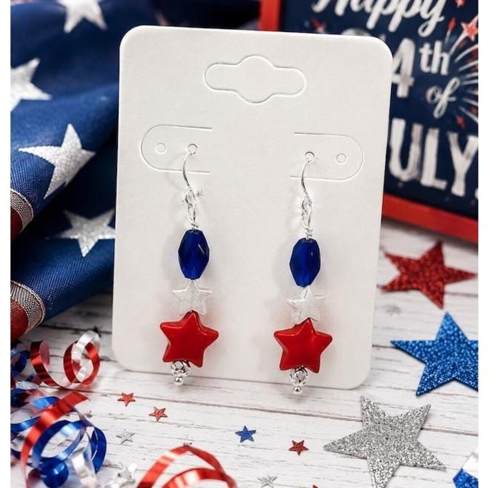 Patriotic Star Dangle Earrings Red White Blue 4th Of July Statement Earrings USA